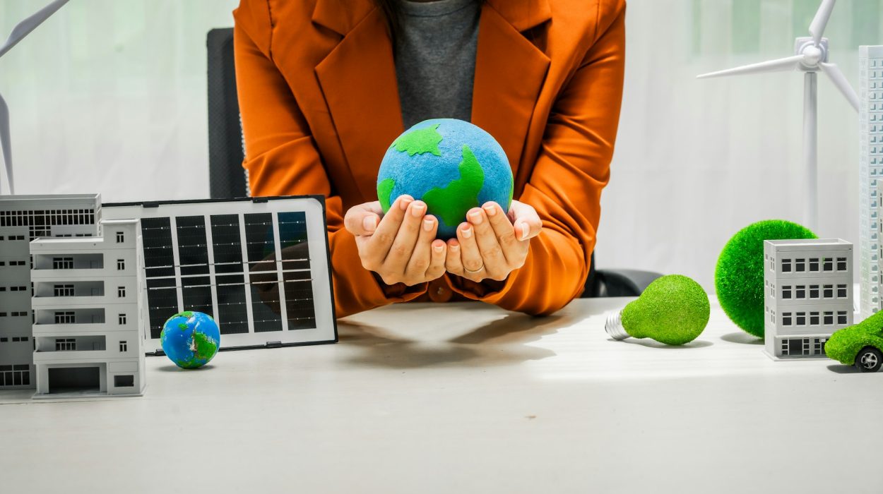 A businesswoman working at a desk in sustainable urban development, promoting eco-friendly